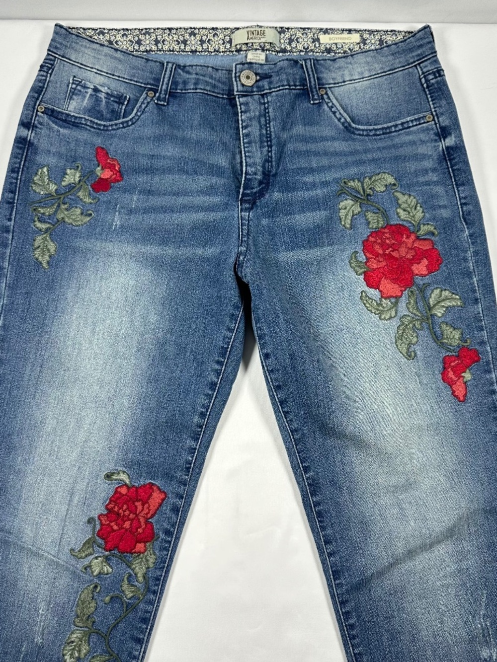 Vintage America Blues Boyfriend Distressed Jeans with Red Embroidered Flowers